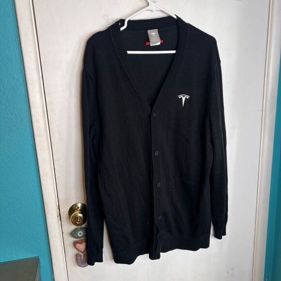 Tesla Motor Company black button-front cardigan sweater, made from a cotton blen